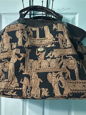 Brown Jacquard Tote with Gold & Teal Pattern